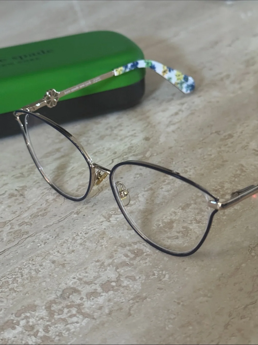 kate spade prescription Gold and Black Cat-Eye Glasses with Floral Temple Tip